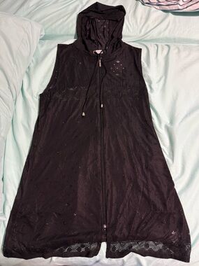Dotti Black bathing suit cover Dress with hoodie sz L NWT